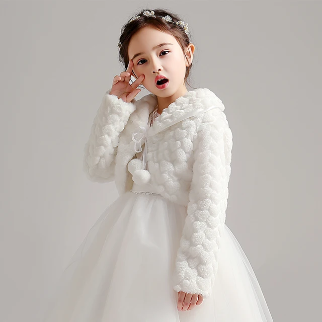 Ivory Flower Girls Faux Fur Wrap Wedding Jacket Stole Kids Coat Short Cloak Cape For Wedding Evening Dress Bolero Shrug Shawl