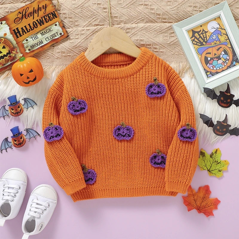 Baby Sweater Long Sleeve Crew Neck Pumpkin Warm Winter Pullover Sweater Halloween Clothes for Girls Boys