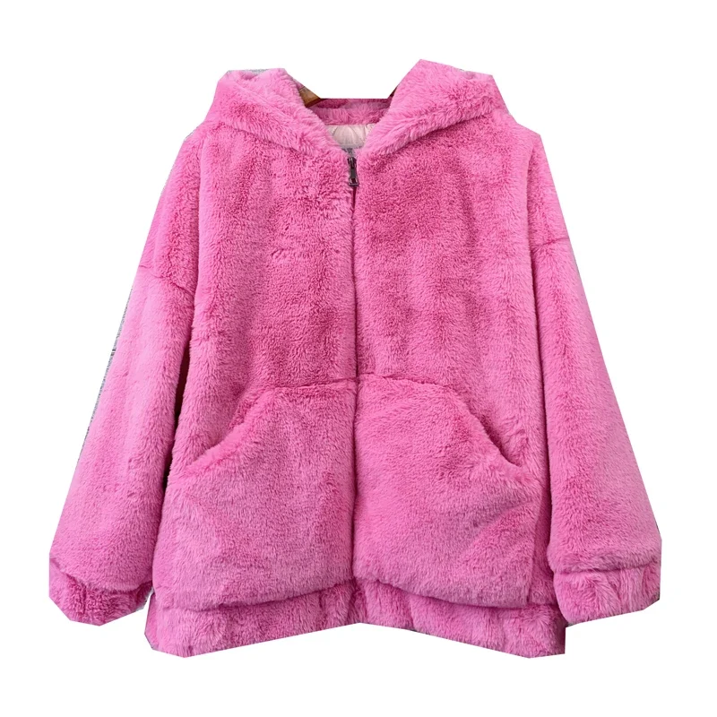 2023 Autumn Winter Women's Sweatshirt Jacket Loose Hooded Plush Fashion Thick Warm Faux Fur Imitate Rabbit Furry Mid-Length Coat