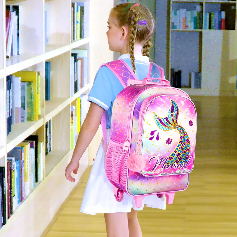 3PCS Mermaid Rolling Backpack for Girls, Kids School Backpacks