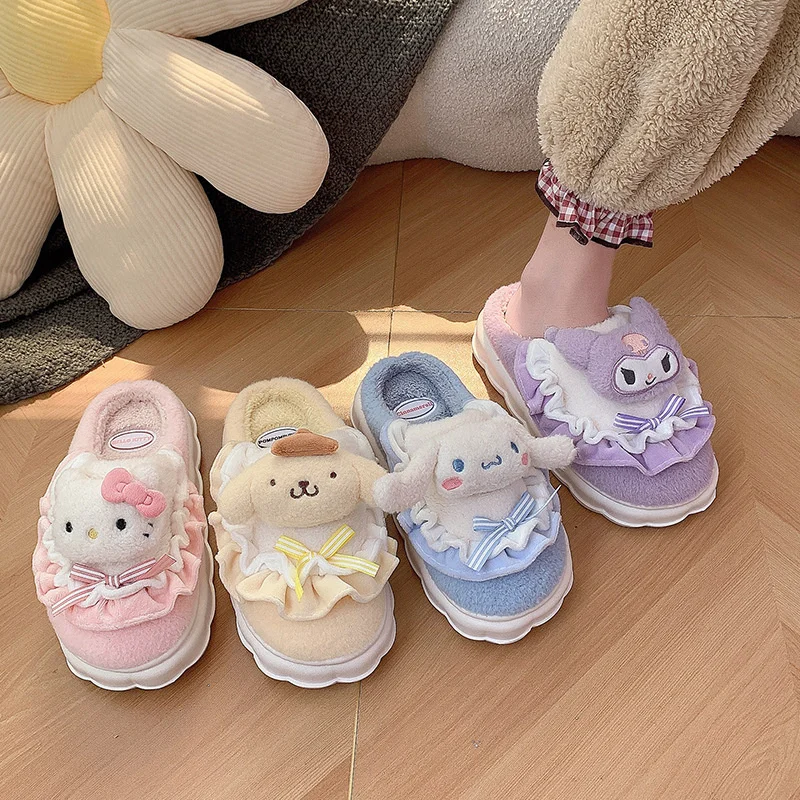 

Hello Kitty Cotton Slippers For Women Girls Sanrio Melody Winter Warm Slipper Platform Anti-slip House Slipper Cartoon Shoes
