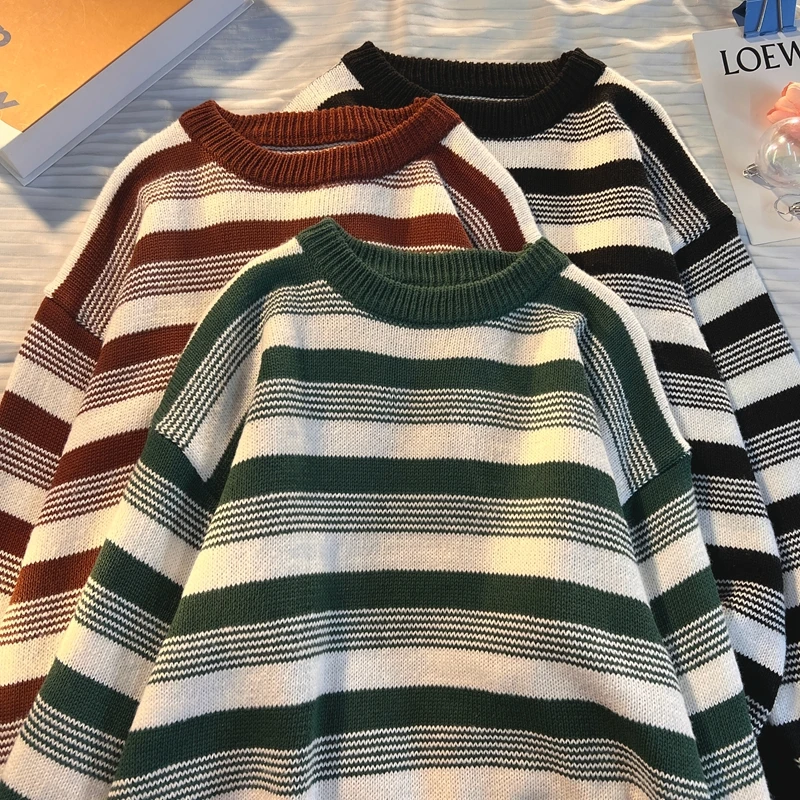 

Мужской теплый трикотажный пуловер в полоску, с длинным рукавом и круглым вырезом, повседневный удобный свитер, S225, Осень-зима 2024