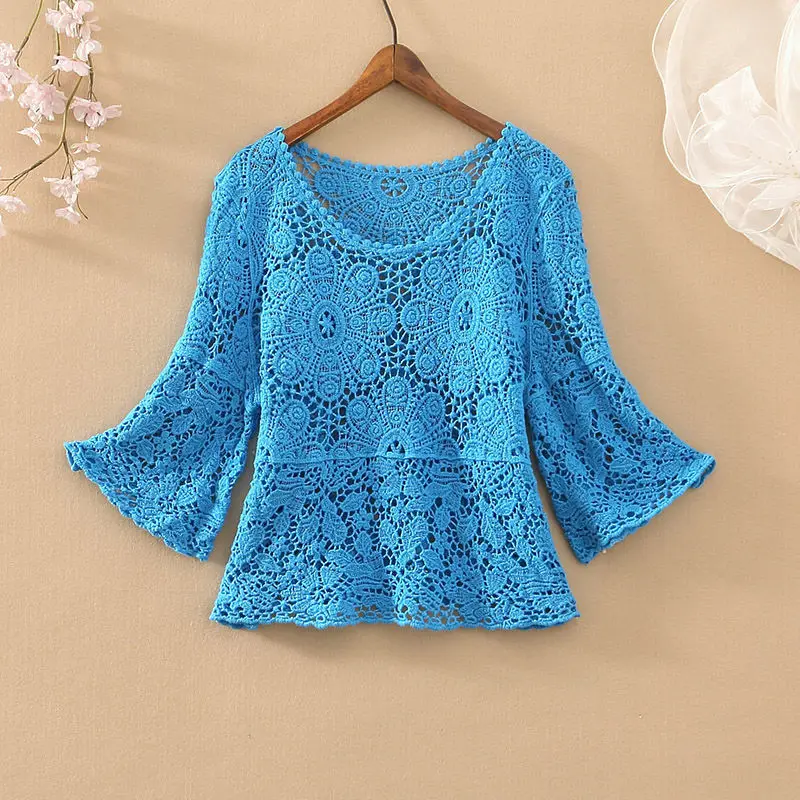 

summer Casual Loose Knitting Top O Neck Hook Flower Hollow short Sleeved Design Fashion French Vintage Blouse 2024 new D270