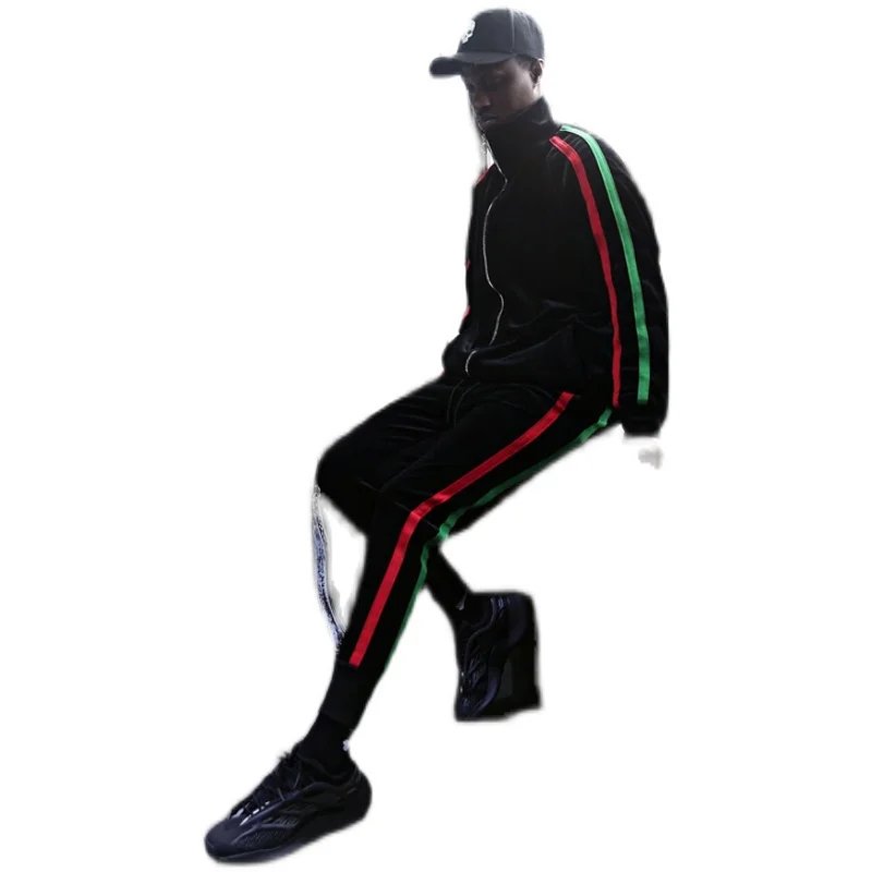 Big fashion men's new striped lace up legging trend casual pants men's and women's sports pants elastic waist