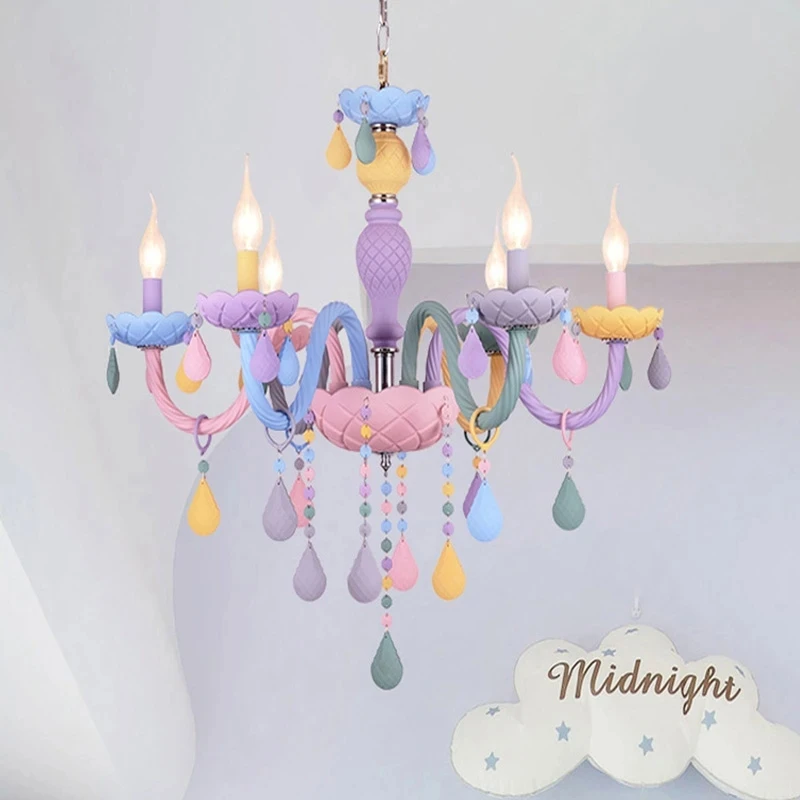 

Crystal Pendant Chandeliers European Candle Led Lights Children's Bedroom Makaron Ceiling Lamps for Room Fixture Home-appliance