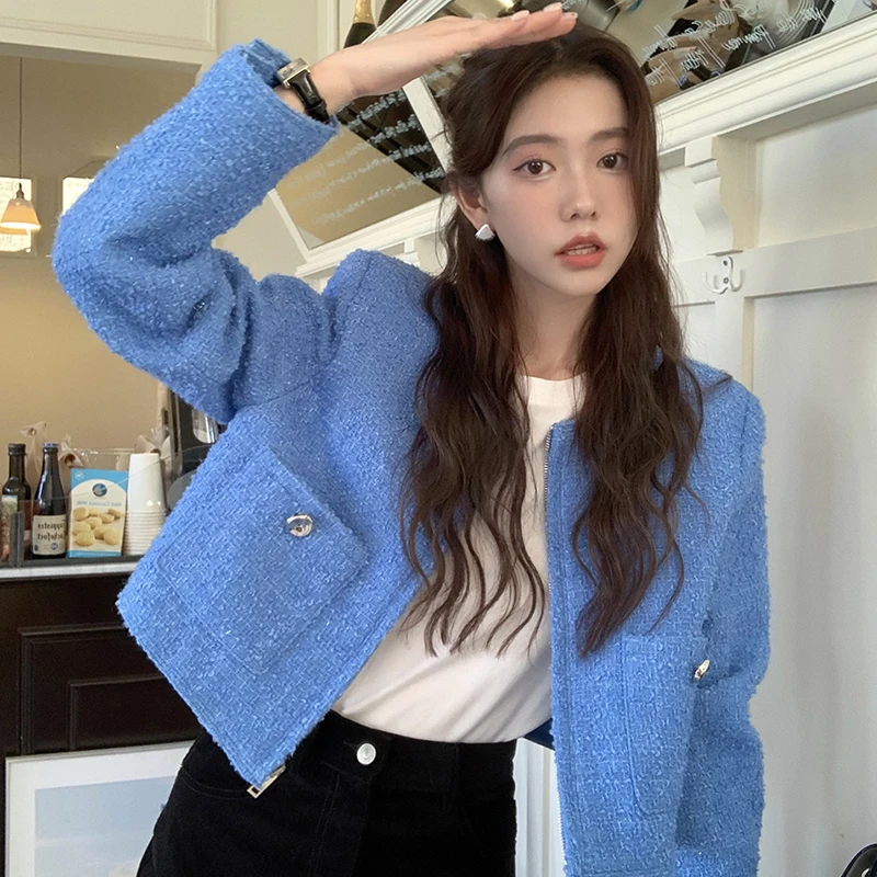 

Chic Blue Round Neck Zipper Pocket Loose Long Sleeve Tweed Coat Women Outwear Casacos Chaqueta Mujer Jackets