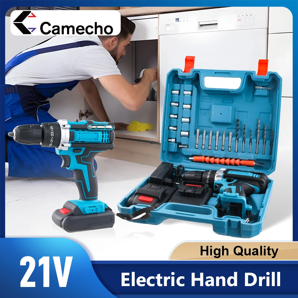 Camecho 21V Cordless Drill Driver Electric Screwdriver Set,25+3 Speed Drills Impact 3 Functions Rotary Hammer, With 2 Battery