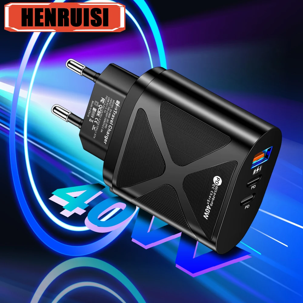 40W 3 Ports Dual PD USB Type C Super Fast Charging QC3.0 EU/US Plug Mobile Phone Adapter iPhone 15 Pro Xiaomi Samsung Huawei