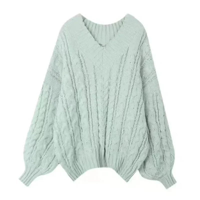 

Women Sweater Soft Waxy Knitting Pullover V-neck Loose Lantern Sleeve Sweet Preppy Style Thickened Warm Jumper Autumn and Winter