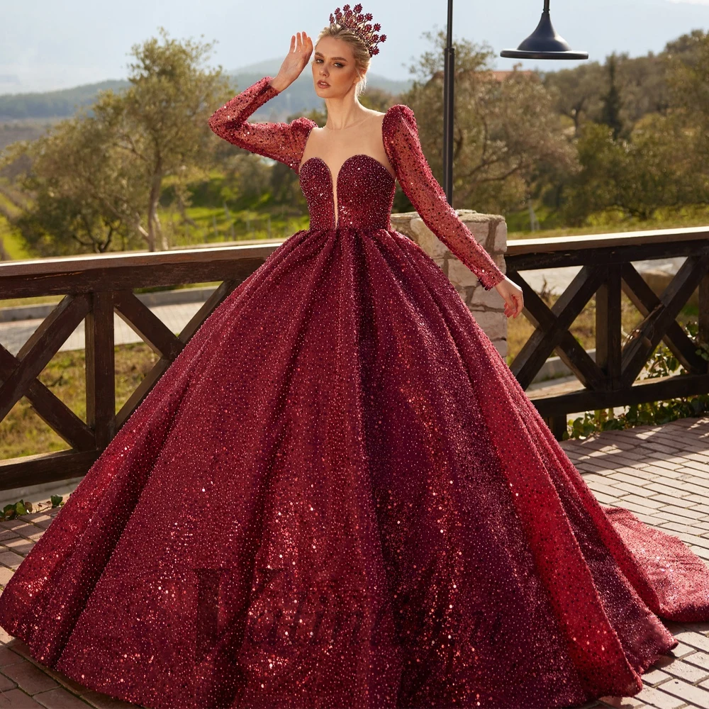 Valintimu Modern Long Sleeves Evening Dresses For Wedding Quinceanera Dresses Beadings Sequin Bling Robes De Soir&eacute;e