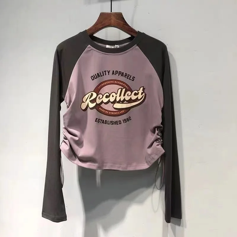 Girls Spring And Autumn Printing Long Sleeved T-shirt Slim Fit Drawstring Middle Size Children's Bottom T-shirt Round Neck Top - Image 3