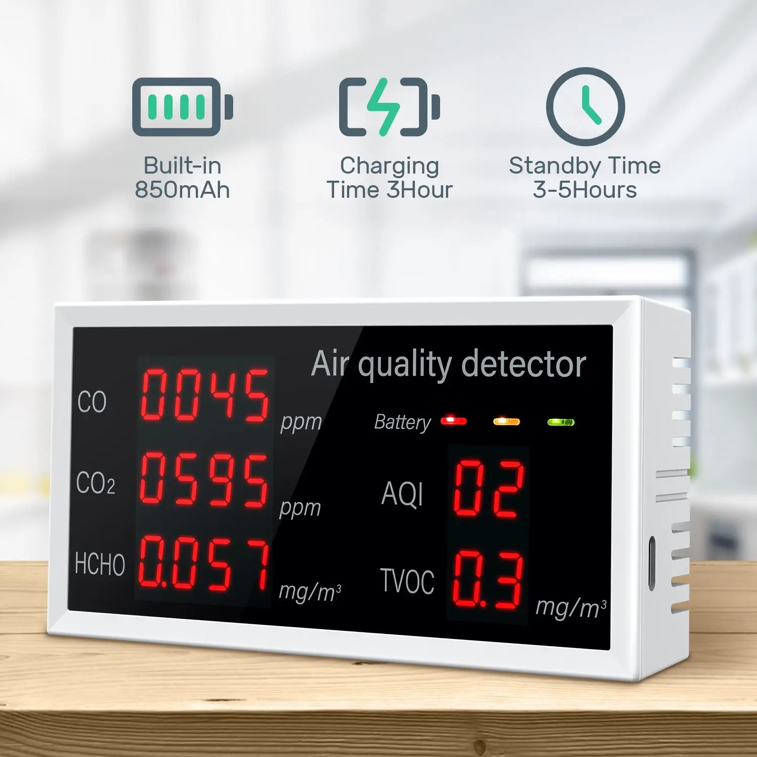 5-In-1 공기 품질 모니터 가정용 공기 품질 감지기 오염 테스터 CO/CO2/HCHO/AQI/TVOC LED 화면으로 실시간 모니터링