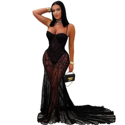 Elegant Women's Sheer Lace Maxi Dress - Sexy Sling Straps for Parties and Celebrations (Black)