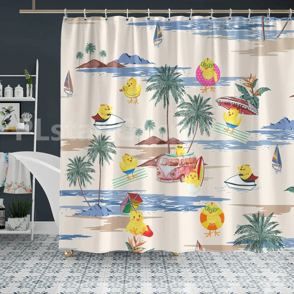 

Chicken Summer Beach Pattern Shower Curtain 3D Printed Bathroom Curtains with Hooks Funny Animal Shower Curtain