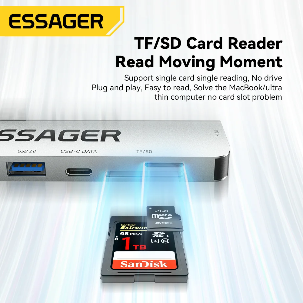Essager em Usb tipo c Hub Pd60w Rápido Carregamento Splitter Laptop Hdmi Divisor de Alta Velocidade 5gbps para pc Usb 3.2 Gen1 2.0 Portas - Imagem 3