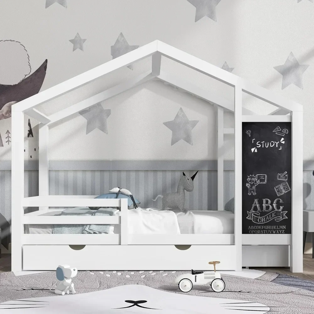 Full Size with Storage Drawers for Kid Bedroom,Solid Wood w/Blackboard Design,Super Save Space & No Box Spring Needed, White 2