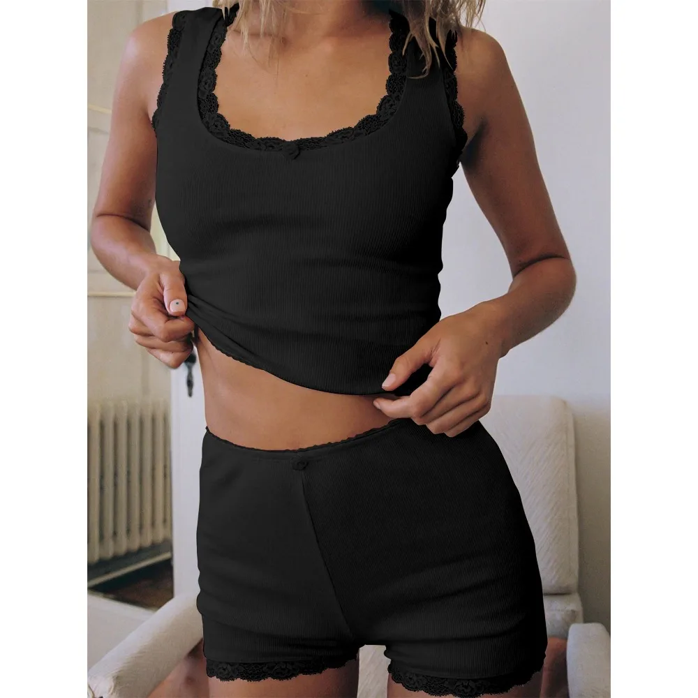 Two Pieces Set Pajamas for Women Solid Casual Tanks Shorts Suit Sexy Sleeveless Crop Tops Pajamas Homewear Ladies Loungewear