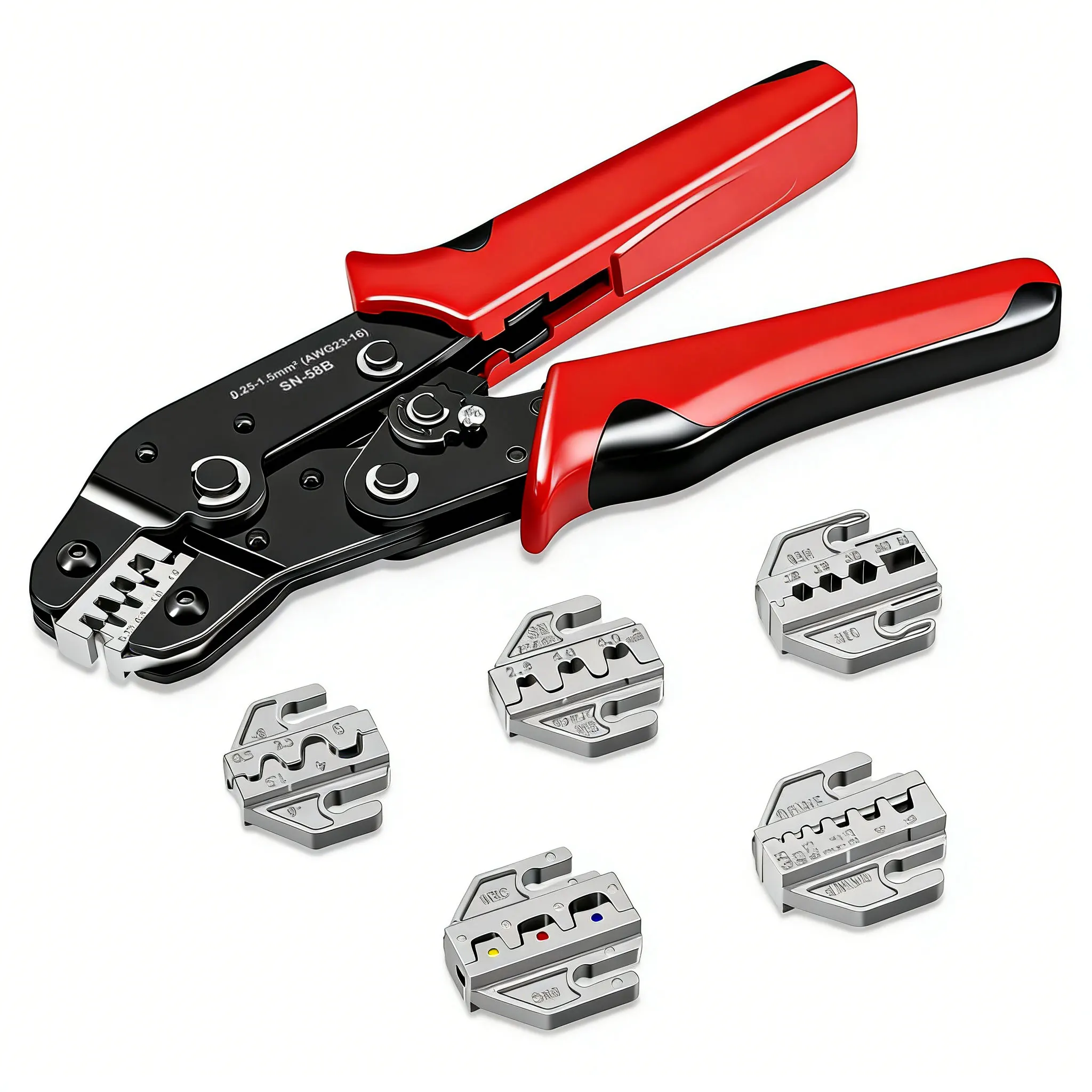 SN-58B Crimpzangen-Set mit 5 austauschbaren Backen für Dupont JST-Klemmen, nicht isolierte Ferrule, Butt, Solar- und Koax-Steckverbinder