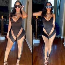 

Wishyear 2022 Sexy Black Jumpsuit Sheer Mesh Patchwork See Through Backless Deep V Neck Club Pants Outfits for Women