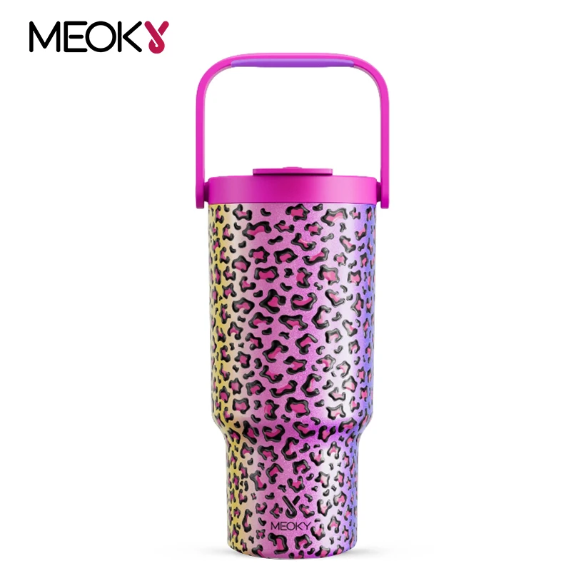 Tazza Termica Meoky 1182 Ml (40 Oz) Con Cannuccia E Manico | Acciaio Inox 304, Mantiene Freddo 34h | Design Mucca