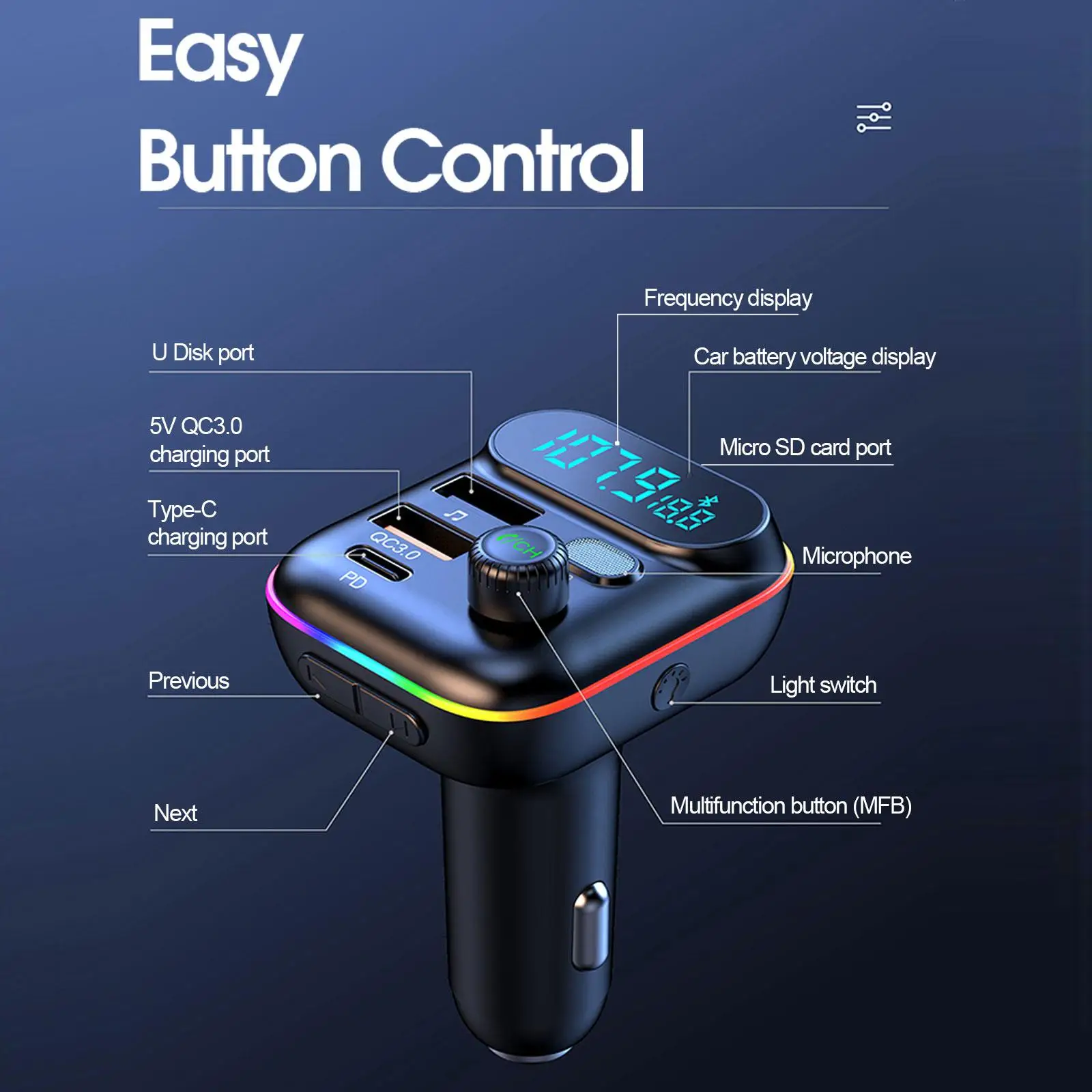FM Transmitter Car Fast Charge Bluetooth 5.0 FM Transmitter PD Dual Player Music Type-C Colorful Ambient MP3 Light Cigarette Lighter USB