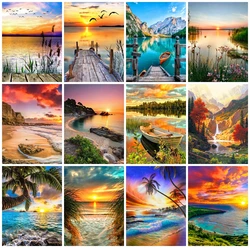 AZQSD Diamond Painting Sunset Seaside Waterfall Cross Stitch Rhinestones Diamond Embroidery Landscape Mosaic Handmade Home Decor