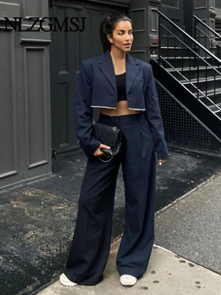 

Nlzgmsj TRAF 2023 новый осенний женский синий и черный сексуальный стильный пиджак с открытым пупком + прямые брюки
