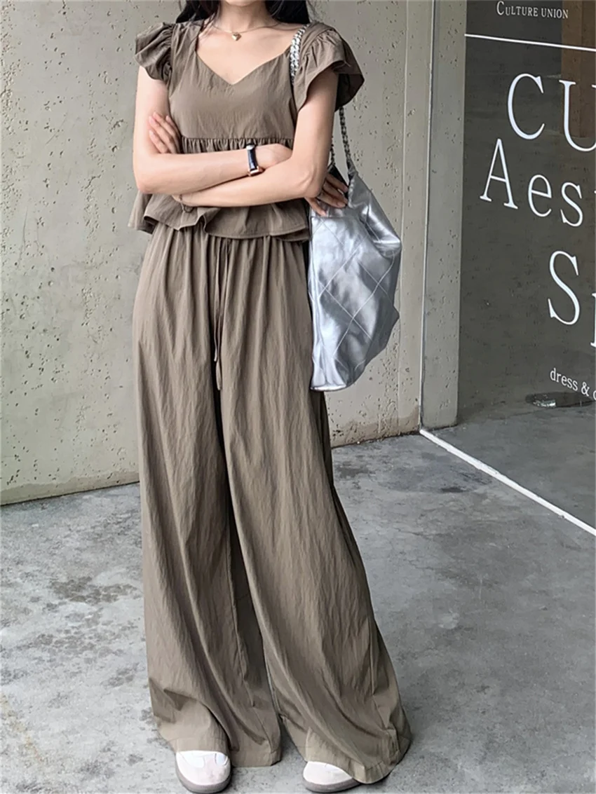 

Alien Kitty Elegant OL Ruffles Blouses Women High Waist Slim 2023 Sweet Wide Leg Mopping Pants Sets Chic Solid Summer Suits