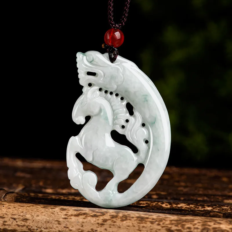 

Mai Chuang/Natural Jade Zodiac Dragon Horse Necklace Pendant Hand-carved Men and Women Fine Jewelry Amulet Gift Send Certificate