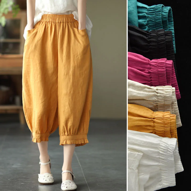 

Women Cotton Linen Pants Solid Color 2024 Spring Summer Elastic Waist Ninth Trousers Vintage Female Casual Loose Harem Pants