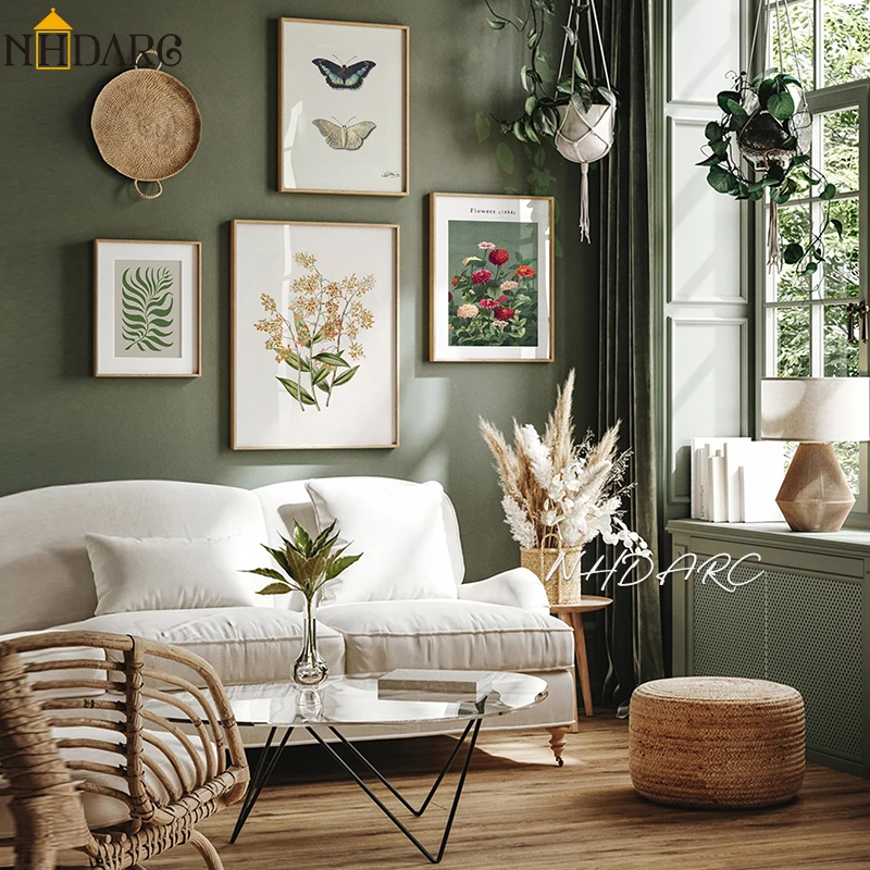 Canvas Print Painting Poster Vintage Retro Butterfly Flowers Green Plant American Style Wall ...