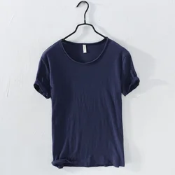 Men's Retro Raw Edge Lightweight Cotton T-Shirt - Slim Fit, Breathable Monochrome O-Neck Casual Top - 3XL -fits 88-95 kg (Royal Blue)