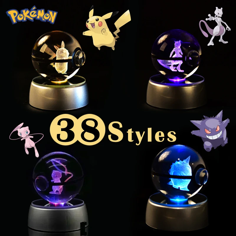 Pokemon 3D Crystal Ball Pikachu Gengar Mew Mewtwo Figurines Lamp Base Pokeball 3D Pokemon Glass Ball Statue Kids Birthday Gift anime pokemon go keychains pvc cartoon pocket monsters pikachu mewtwo key chains kids cute trinket gift girl s favorite gift