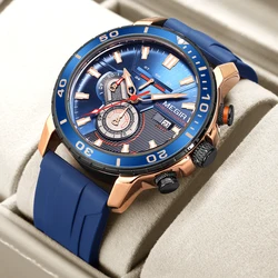 Men's Sport Chronograph Watch with Orange Silicone Strap - Fashionable Waterproof Wristwatch with Luminous Hands and Auto Date Function (Blue)