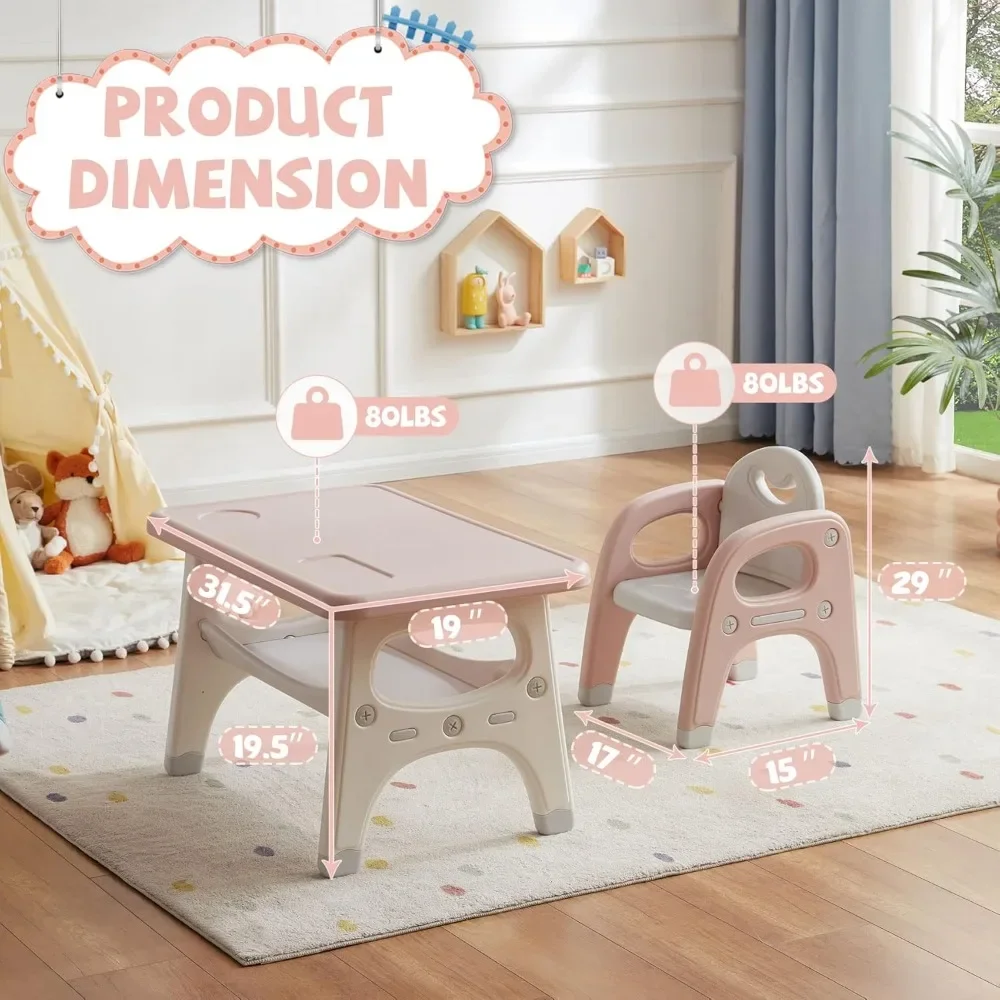 Kids Table and Chair Set, Plastic Children Activity Table with 2 Chairs, Toddler and Chair Set for Reading, Drawing