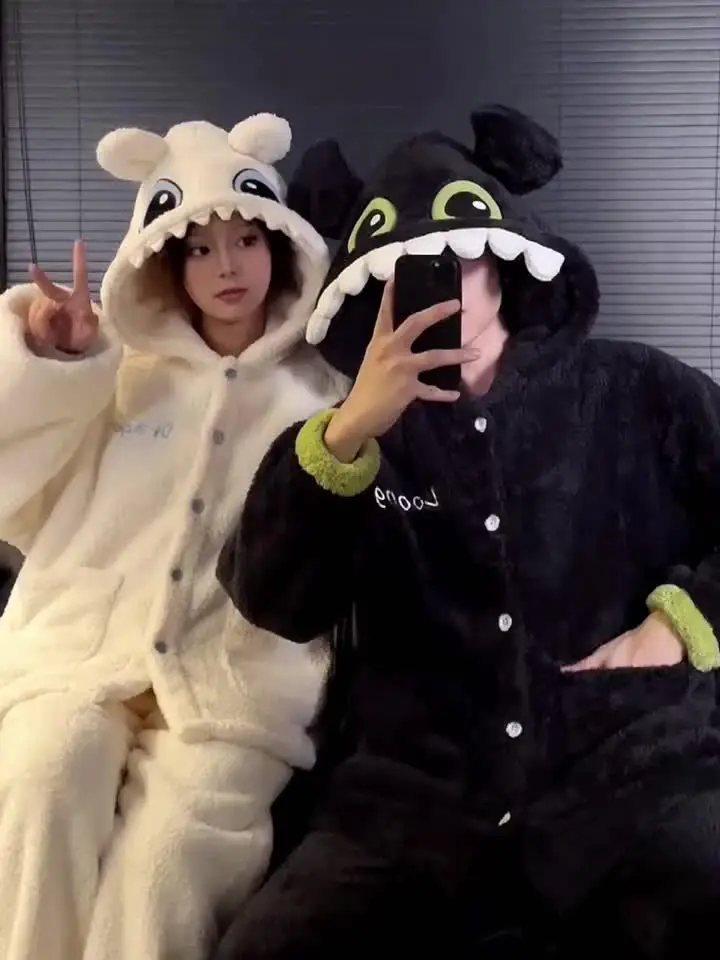 DAIMELU Cartoon Couple Pajamas Winter Thickened Fleece Set