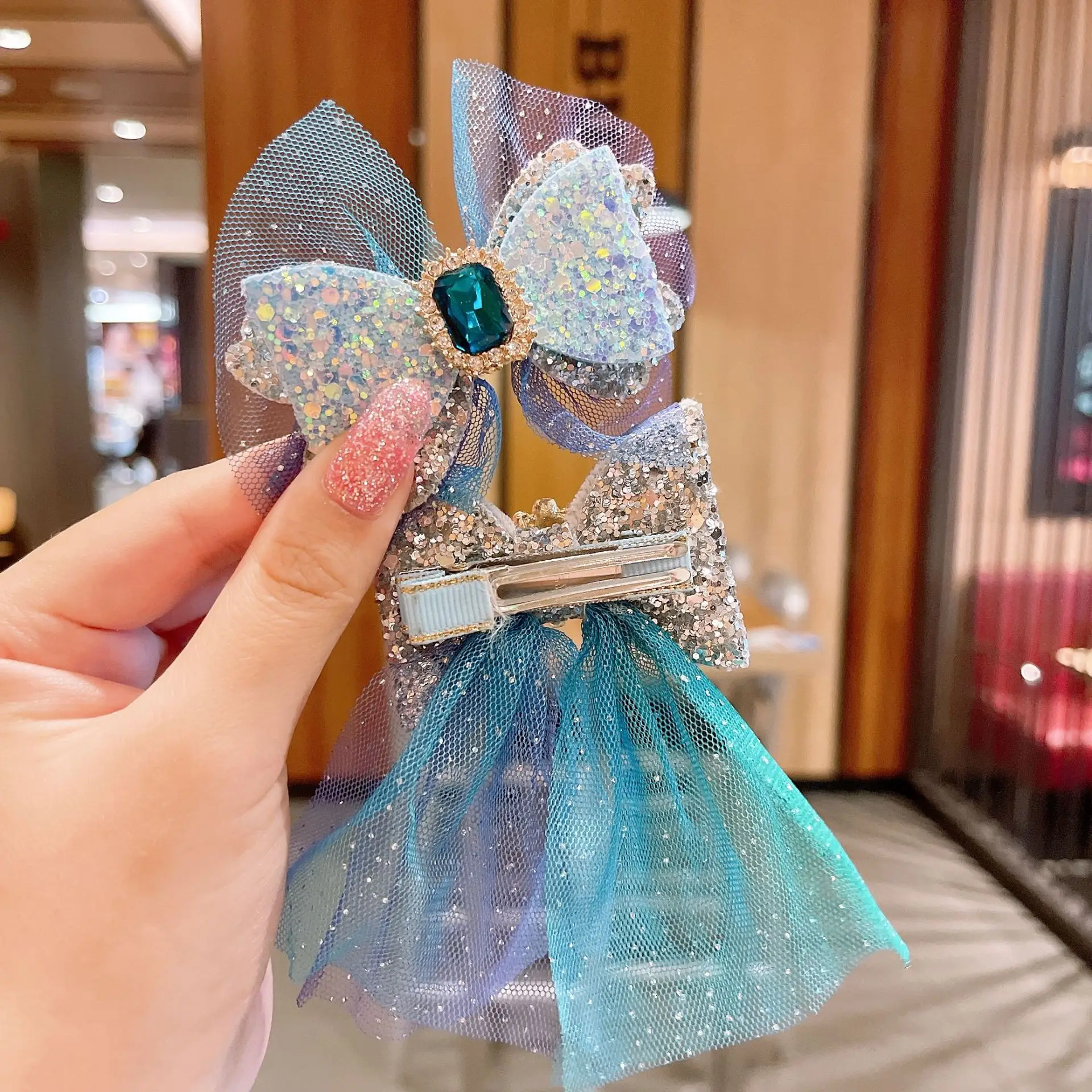 New Korean Style Princess Girls Hair Clips Cartoon Snowflake Bow Paillette Mesh Ribbon Hairpins for Children Accessories