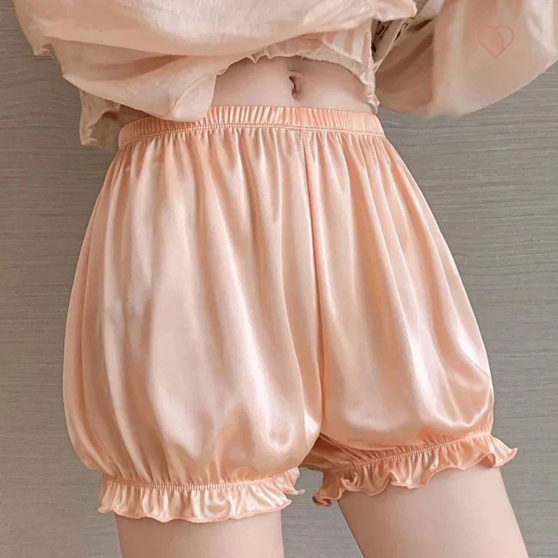Safety Shorts Women Leggings Safety Pants Satin Safety Short Ice Silk Pants Women Ruffled Pumpkin Pants Lady Thin Leggings Leisure Loose Home Sleeping Bottoms Shorts