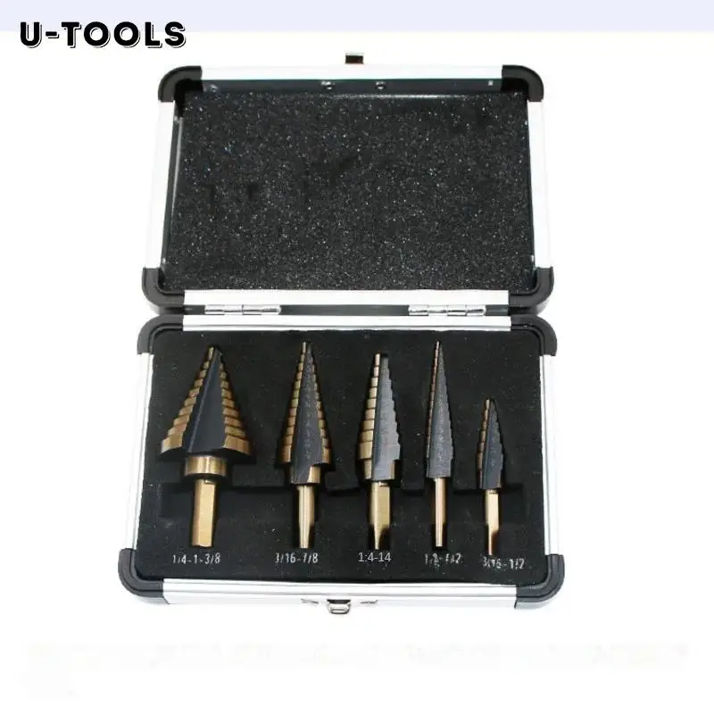 U-TOOLS 5PCS HSS Straight Groove Step Drill Bits Set Aluminium Boxed Wood/Metal Hole Cutter Core Cone Drilling Tool Set