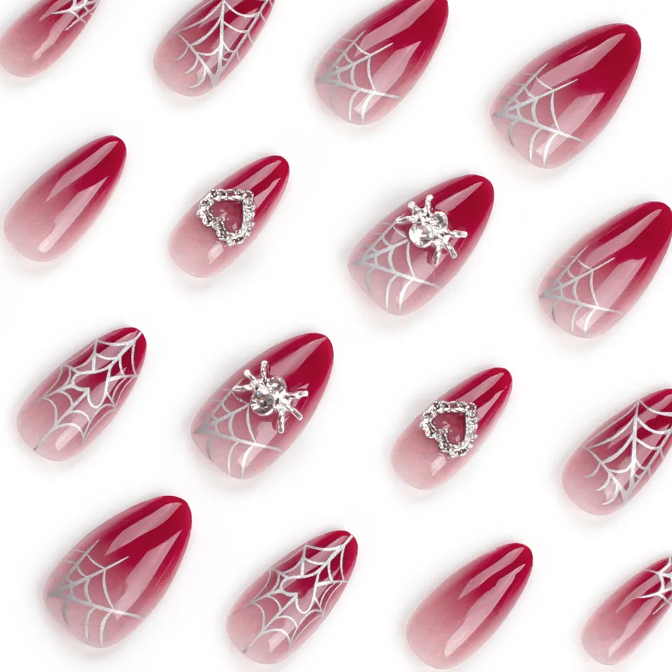 Almond Red Press On Nails with Silver Spiderweb Hearts