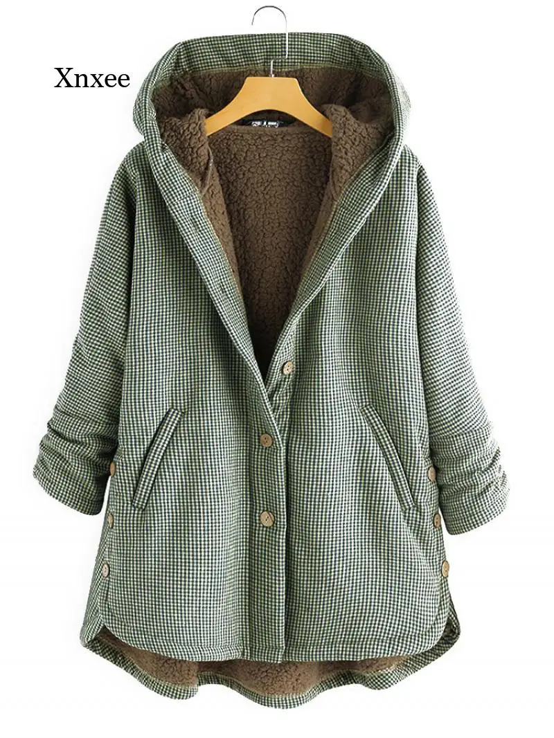

Осенне-зимнее Новое Женское модное пальто, женская клетчатая свободная и бархатная куртка с капюшоном на пуговицах