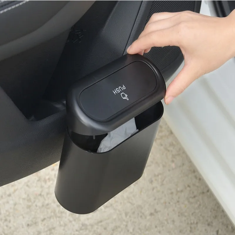 Car Trash Bin Hanging Vehicle Garbage Dust Case Storage Box Black Abs Square Pressing Type Trash Can Auto Interior Accessories