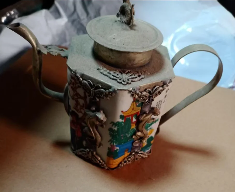 Collectible Decorate Old Handwork Porcelain & Dragon Flower Tea Pot Garden Decoration 100% real Tibetan Silver Brass 3