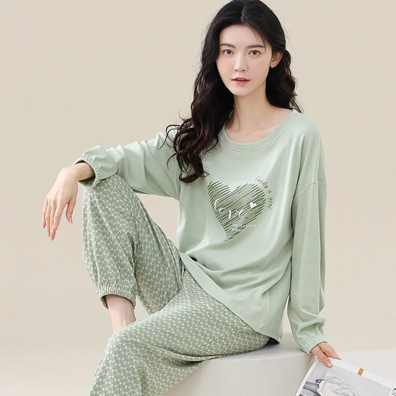 Spring Autumn Women's Pure Cotton Pajamas Round Neck Long Sleeve Pullover Pants Casual Home Clothing Set Comfortable Sleepwear