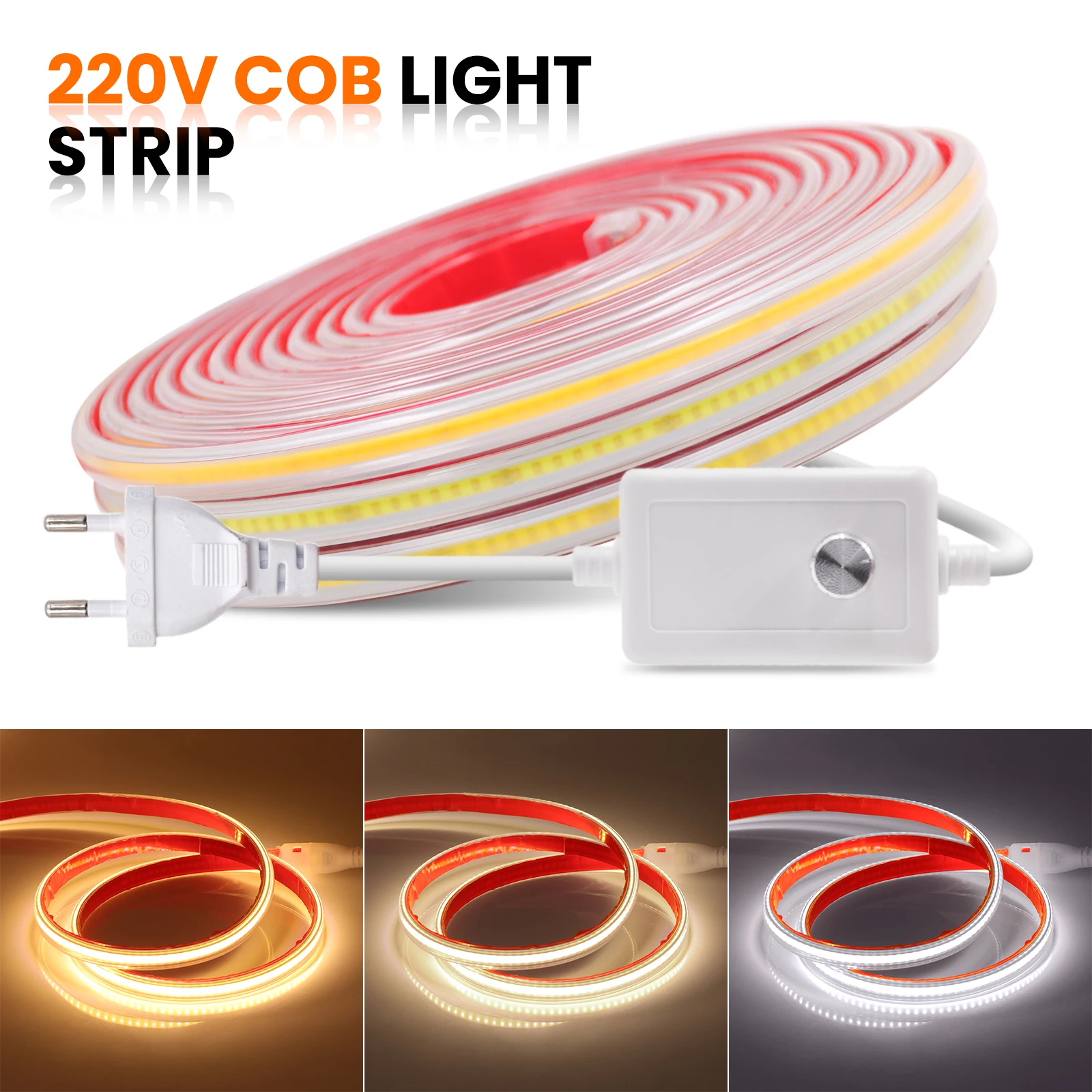 220V Led Ribbon Adhesive High Brightness COB Led Strip With Switch Dimmer Plug IP65 Waterproof Flexible Tape for Room Home Decor ip68 waterproof cob led strip with power supply tuya smart wifi dimmer 320leds m high density dc 12v 24v flexible tape linear