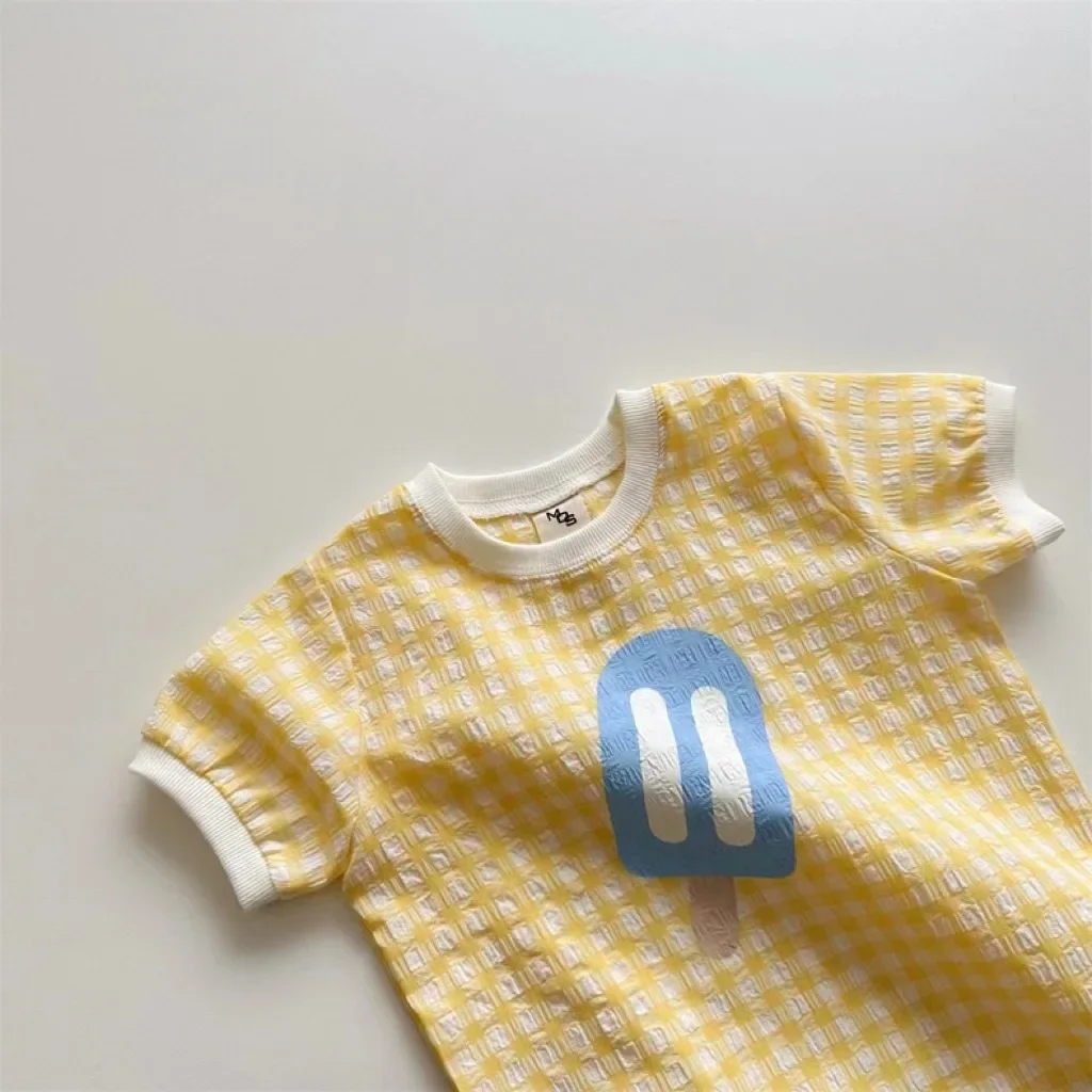 Newborn Baby Girls Boys Short Sleeve Plaid Ice Cream Print Jumpsuits Toddler Cotton Thin Clothing Infant Kids Bodysuits 유아복 4