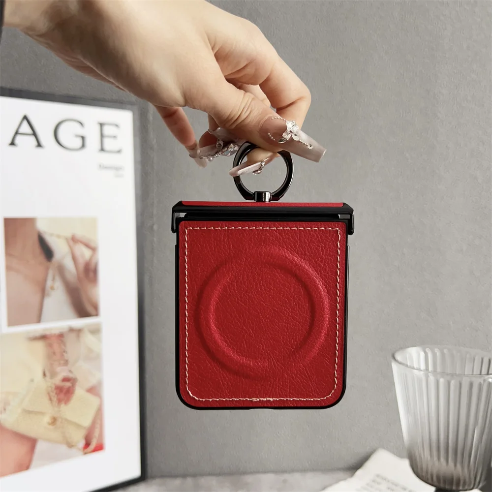 Luxury Lychee Pattern Leather MagSafe Wireless Charging Case with Ring Holder and Hinge Cover