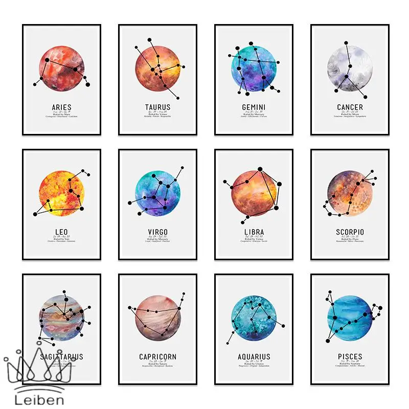 

12 Zodiac Signs Constellation Planet Canvas Painting Modern Sagittarius Taurus Libra Wall Art Poster Home Decor Kids Room Decor