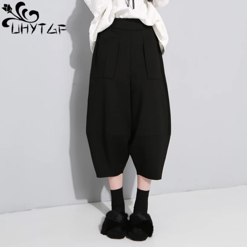 

UHYTGF M-4XL Wide-Leg Haren Pants For Women Summer New Elastic High Waist Pocket Spliced Loose Fashion Ladies Seven Points Pants