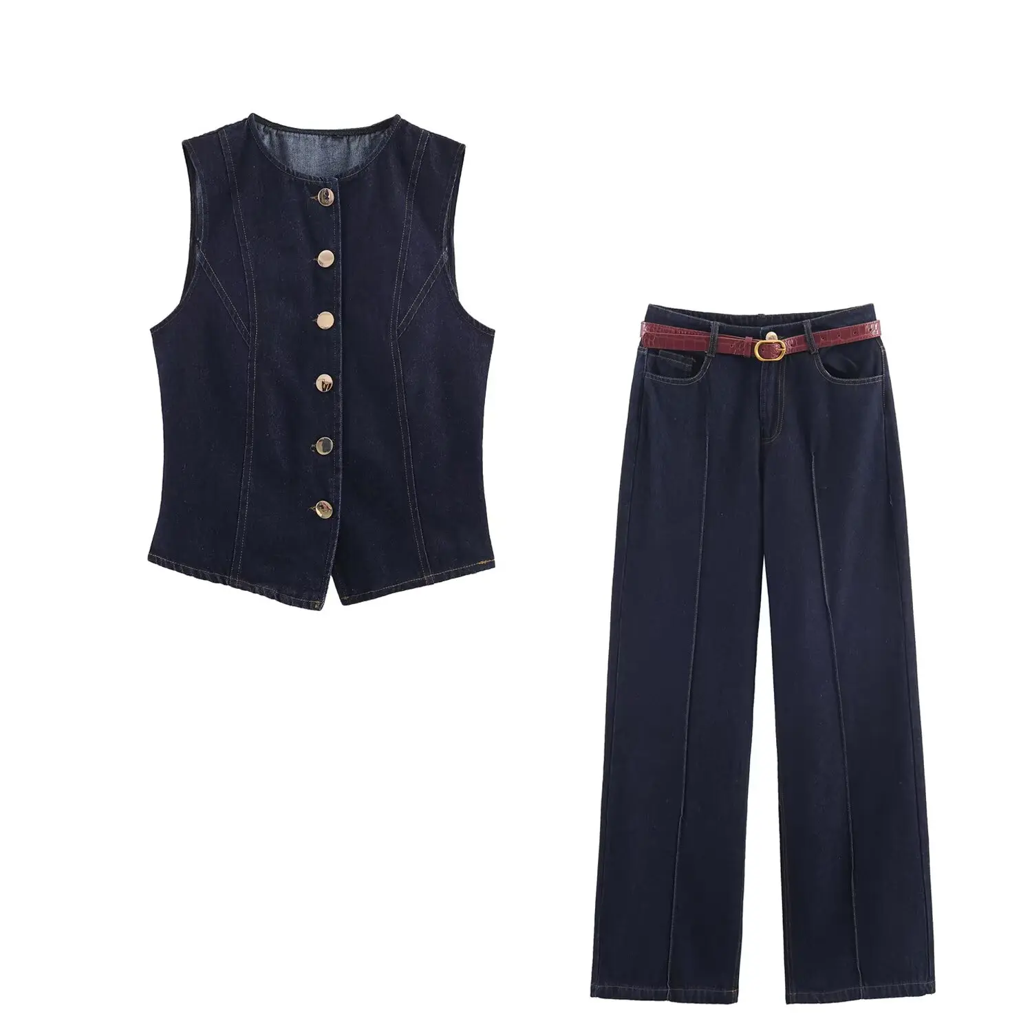 Women Street Denim Pants Sets Or Female Turn-Down Collar Single Breasted Denim Vest Tops Or Lady High Waist Wide Leg Trousers